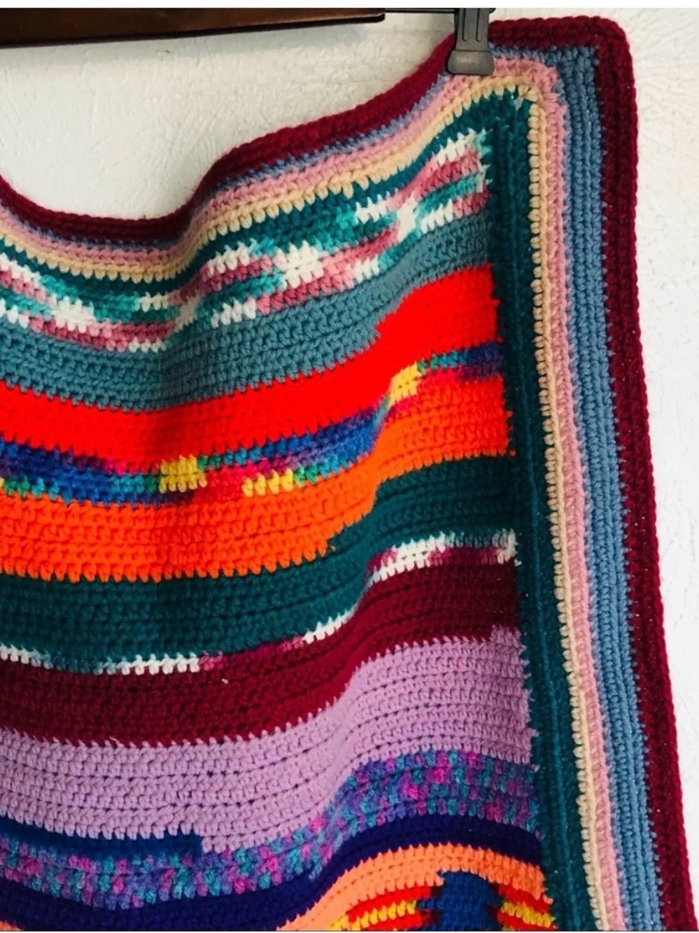 Vintage Boho Hippie Handmade Colorful Crochet Afghan Throw Blanket